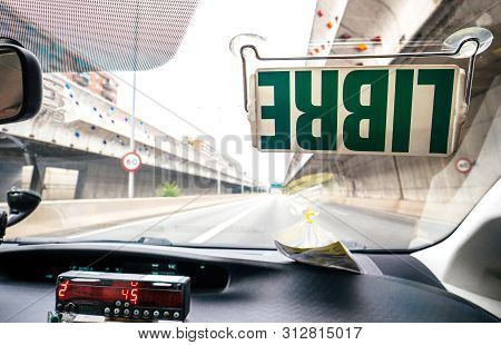 Passenger Point Of View Pov At The Taxi Price On In Motion Taxi Meter Showing Price In Euro In Spain