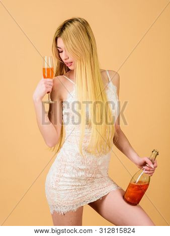 Woman White Dress Hold Glass Alcohol Drink. Hen Party Concept. Luxury Champagne. Pretty Blonde Celeb