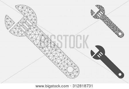 Mesh Spanner Model With Triangle Mosaic Icon. Wire Frame Polygonal Mesh Of Spanner. Vector Mosaic Of