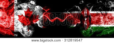 Canada Vs Kenya, Kenyan Smoky Mystic Flags Placed Side By Side. Thick Colored Silky Smoke Flags Of C