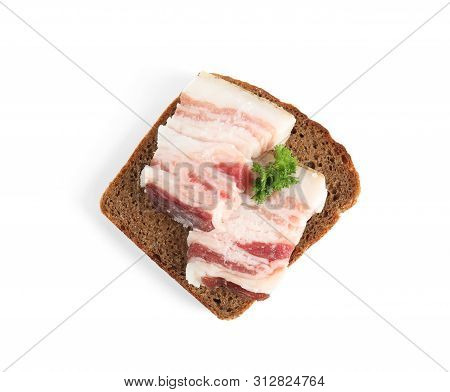 Pork Fatback Sandwich With Parsley Isolated On White, Top View