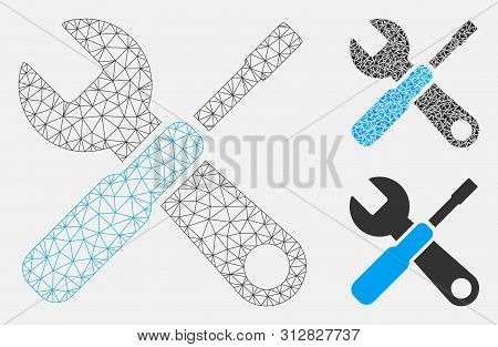 Mesh Tools Model With Triangle Mosaic Icon. Wire Carcass Polygonal Mesh Of Tools. Vector Composition