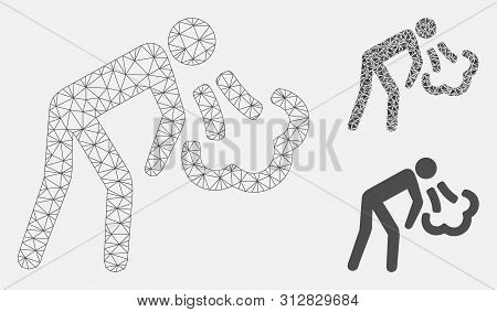 Mesh Vomiting Model With Triangle Mosaic Icon. Wire Frame Polygonal Mesh Of Vomiting. Vector Mosaic 