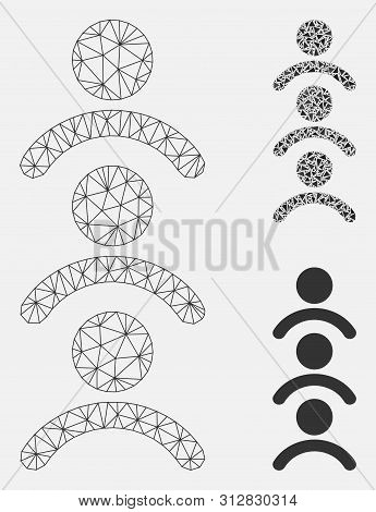 Mesh Man Queue Model With Triangle Mosaic Icon. Wire Carcass Polygonal Network Of Man Queue. Vector 