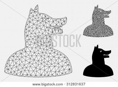 Mesh Man Dog Model With Triangle Mosaic Icon. Wire Carcass Polygonal Network Of Man Dog. Vector Mosa