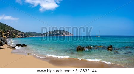 Ibiza beach of Aigua blanca in Santa Eulalia at Balearic islands also Aigues Blanques