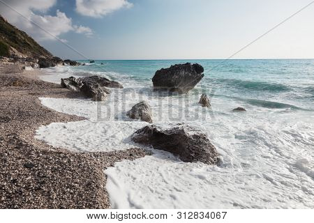 Sunset on Avali beach, Lefkada island, Greece.