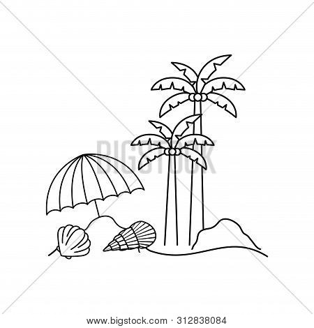 Silhouette Of Palm Tree With Beach Umbrella Striped Vector Illustration Design