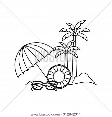 Silhouette Of Palm Tree With Beach Umbrella Striped Vector Illustration Design