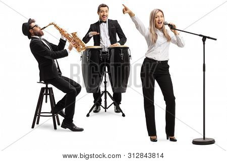 Full length shot of female singer, man playing conga drums and man with a sax isolated on white background