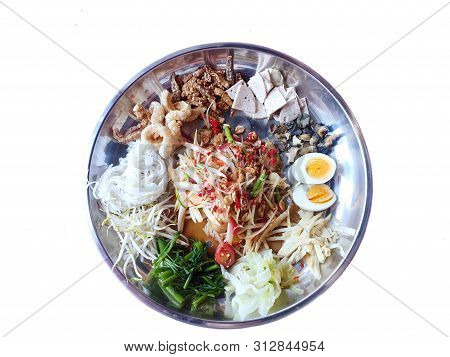 Thai Food Style, Top View Of Papaya Salad Set On Tray Isolated On White Background, Space For Text I