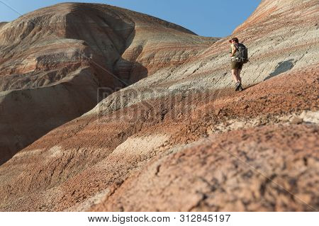 Backpacker Girl Exploring The Mountains. Backpacker Girl Tourist Exploring The Xizi Mountains , Azer