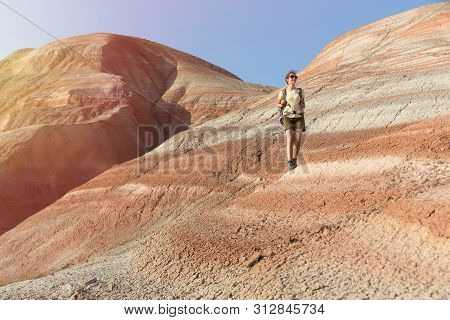 Backpacker Girl Exploring The Mountains. Backpacker Girl Tourist Exploring The Xizi Mountains , Azer