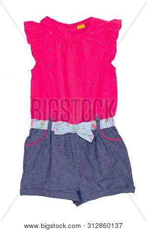 Jumpsuit Isolated. Closeup Of A Stylish Sleeveles Pink Blue Denim Jumpsuit With A Clorful Ribbon Bow