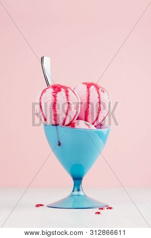 Creamy Pink Ice Cream Scoops In Blue Ice-cream Bowl With Strawberry Sauce, Silver Spoon In Modern Pi