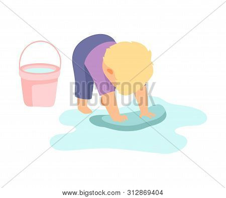 Cute Little Boy Washing Floor With Rag And Bucket, Adorable Kid Doing Housework Chores At Home Vecto