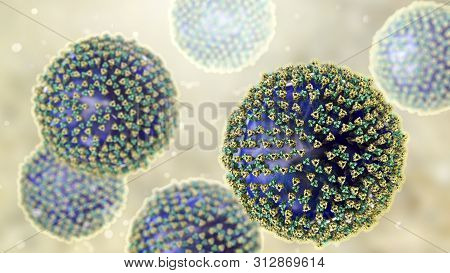 Measles Viruses. 3d Illustration Showing Structure Of Measles Virus With Surface Glycoprotein Spikes