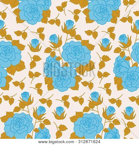 Blue And Gold Roses,in A Seamless Pattern Design