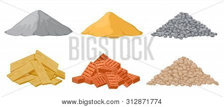 Construction Material Piles. Gypsum And Sand, Crushed And Stones, Red Bricks And Wooden Planks Heaps