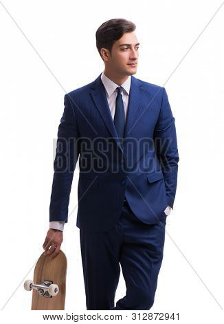 Businessman with skateboard isolated on white background