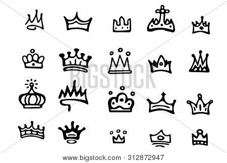 Crown Logo Graffiti Icon. Blackhand-drawn Crowns. Elements For Princesses Isolated On White Backgrou