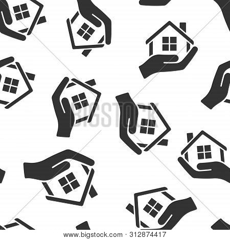 Home Care Icon Seamless Pattern Background. Hand Hold House Vector Illustration On White Isolated Ba