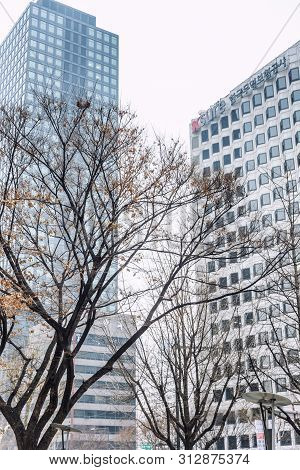 Seoul, South Korea, 12/30/2017: Modern High Houses In Downtown. Close-up, Vertical.
