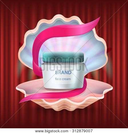 Brand Production In Shell Vector, Seashell With Container And Band. Red Curtain Background With Prod