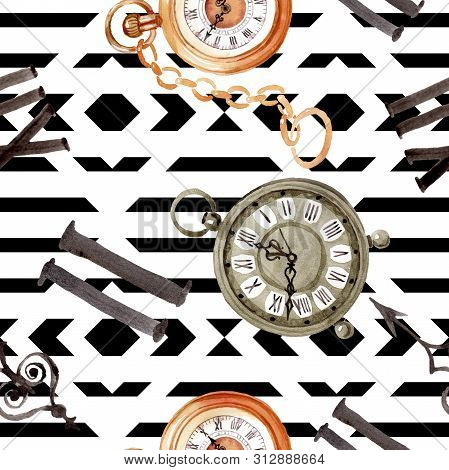 Vintage Old Clock Pocket Watch. Watercolor Background Illustration Set. Seamless Background Pattern.
