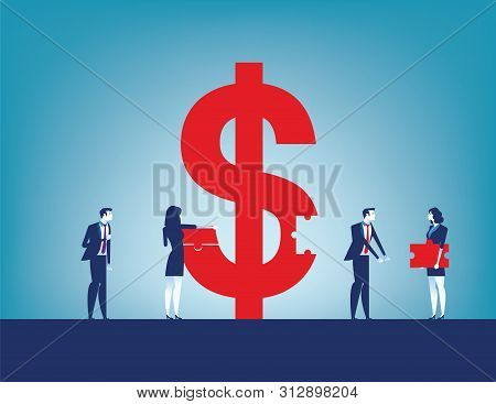 Colleagues Investment Success. Business Team Collecting Dollar Sign With Pieces. Concept Business Ve