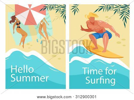 Hello Summer And Time For Surfing Vertical Banners Set. Girls In Bikini Tanning On Sandy Beach Under