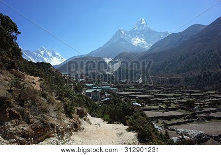 Himalayas mountain landscape. Trail to Everest base camp near Pangboche village with view of mt Ama Dablam, Sagarmatha national park, Solukhumbu, Nepal