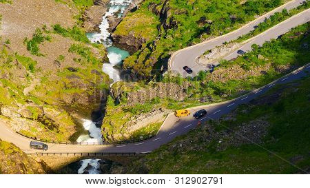 Trolls Path Trollstigen Winding Scenic Mountain Road With Many Cars, Norway Europe. National Tourist