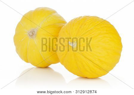 Group Of Two Whole Bright Fresh Yellow Melon Canary Isolated On White Background