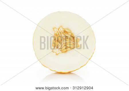 One Half Of Fresh Yellow Melon Canary Cross Section Isolated On White Background