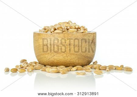 Lot Of Whole Raw Fresh Beige Dinkel Wheat Grain In A Wooden Bowl Isolated On White Background
