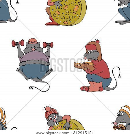 Seamless Pattern With 4 Mice. Animal Symbol Of Chinese New Year 2020. Colorful Sketch, Hand Drawing.