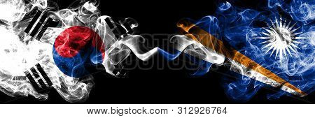 South Korea Vs Marshall Islands Smoky Mystic Flags Placed Side By Side. Thick Colored Silky Abstract
