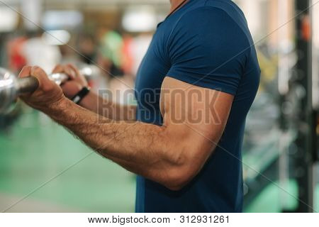 Close Up Of Young Athlete Trains In The Gym. Trians Biceps Muscules Using Barbell