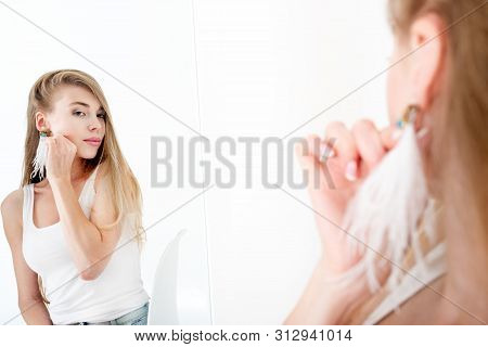 Woman During Sitting Near Mirrow On White Background