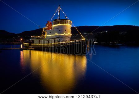 Penticton, British Columbia, Canada - July 20, 2019. Okanagan Lake Tugboat Penticton Night. The Cn N