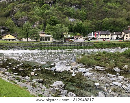 The Village Of Bignasco On The River Maggia And In The Maggia Valley Or Valle Maggia Or Maggiatal, B