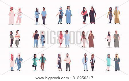 Set Different Arabic Business Couple Standing Together Arab Man Woman Wearing Traditional Clothes Ar