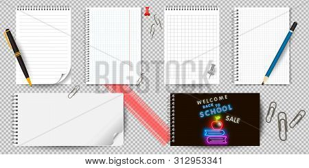 Realistic Notebook Or Notepad With Binder Isolated. Memo Note Pad Or Diary With Lined And Squared Pa