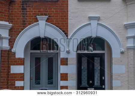 London - 23 Mar 2019 - 2 Front Doors, Beautiful Design As Well Different Colors In Chiswick.