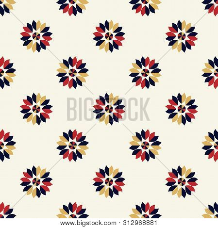 Bright Background Geometrical Elements Blue, Red And Cream White Flower Seamless Pattern