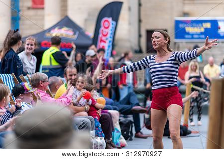 Sheffield, Uk - 20th July 2019: Street Performers At Tramlines 2019 Perform Live Shows For The Crowd