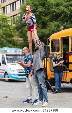 Sheffield, Uk - 20th July 2019: Street Performers At Tramlines 2019 Perform Live Shows For The Crowd
