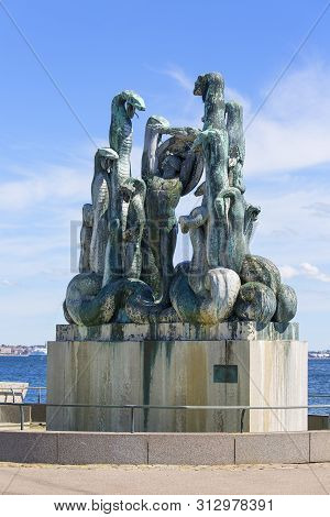 Helsingor, Denmark - June 23, 2019: Bronze Statue Hercules And The Hydra, Mythological Figure Of A H