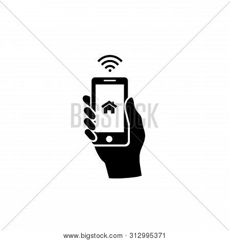 Smart Home And Network Connect Concept. Human Hand Holding Phone And Smart Home Application. Icon